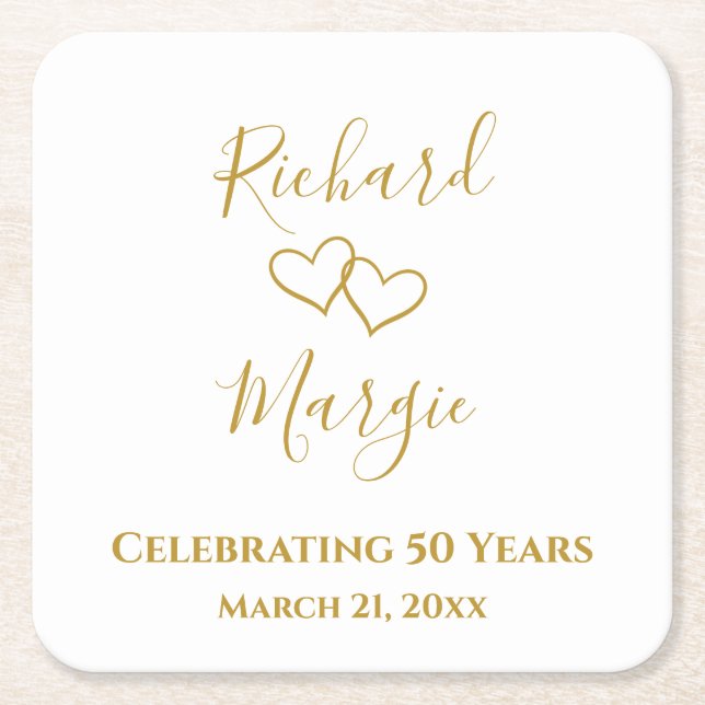 Personalised Elegant Modern 50th Anniversary Party Square Paper Coaster (Front)