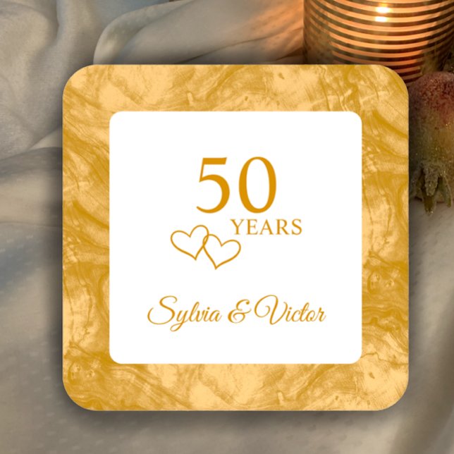 Personalised Elegant Modern 50th Anniversary Party Square Paper Coaster (Add couple’s names for simple elegant golden 50th anniversary party personalized coasters.
)