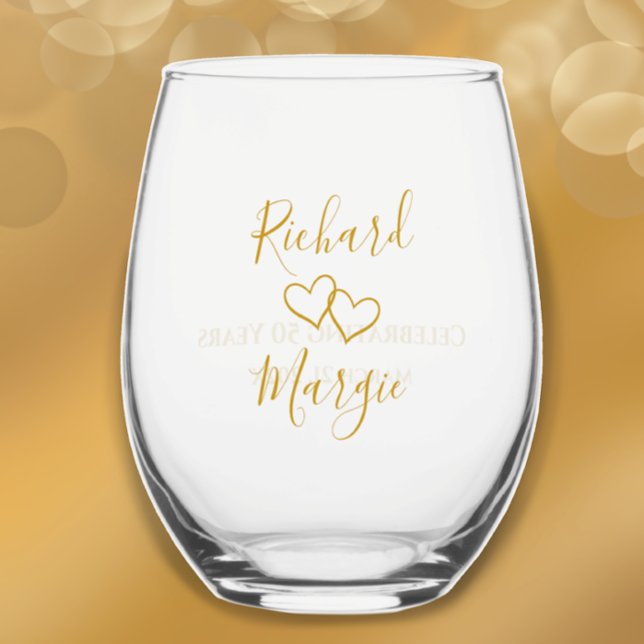 Personalised Elegant Modern 50th Anniversary Party Stemless Wine Glass (Add couple’s names for elegant unique golden heart glass. Great keepsake anniversary gift. 
)