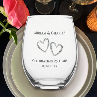 Personalised Elegant Modern Heart 25th Anniversary Stemless Wine Glass