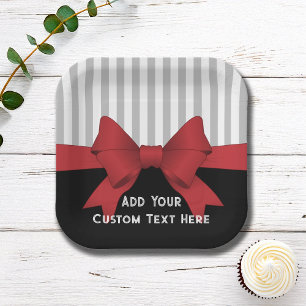 Personalised Elegant Modern Red Bow Ribbon Striped Paper Plate