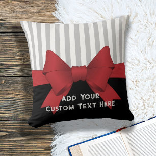 Personalised Elegant Modern Red Ribbon and Stripe Cushion