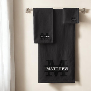 Personalised Elegant Monogram and Name Black Bath Towel Set