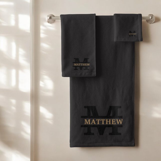Personalised Elegant Monogram and Name Black Bath Towel Set (Creator Uploaded)