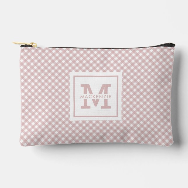Personalised Elegant Muted Pink Plaid Pattern Accessory Pouch (Front)