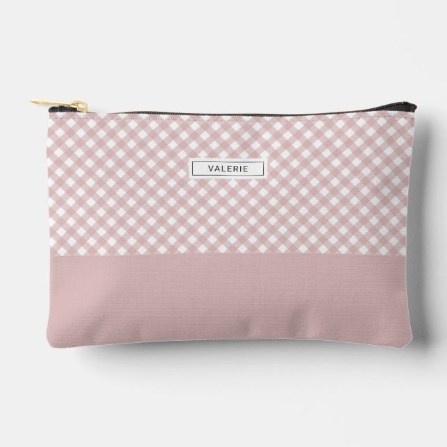 Personalised Elegant Muted Pink Plaid Pattern Accessory Pouch (Front)