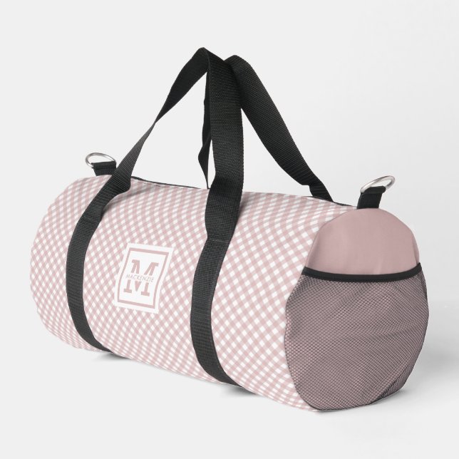 Personalised Elegant Muted Pink Plaid Pattern Duffle Bag (Right Corner)