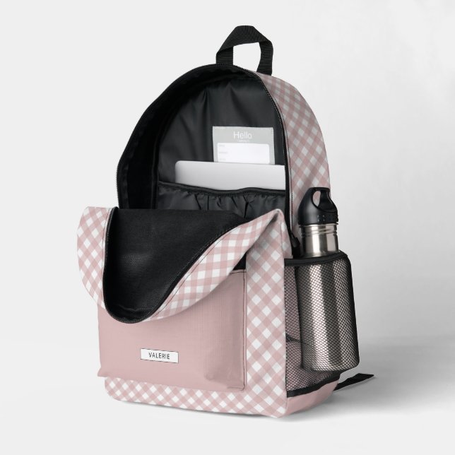 Personalised Elegant Muted Pink Plaid Pattern Printed Backpack (Back Corner Right (Open))