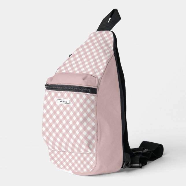 Personalised Elegant Muted Pink Plaid Pattern Sling Bag (Right Corner)