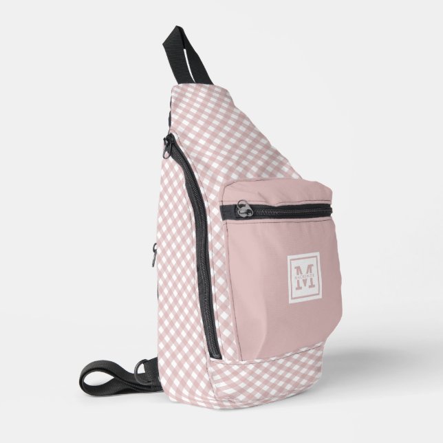 Personalised Elegant Muted Pink Plaid Pattern Sling Bag (Left Corner)