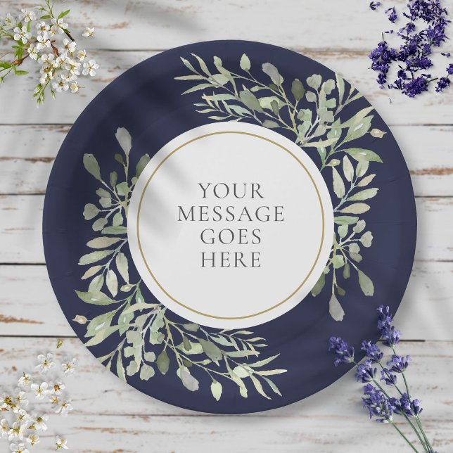 Personalised Elegant Navy Blue Gold Greenery Paper Plate (Creator Uploaded)