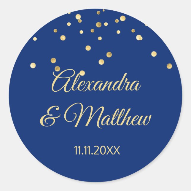 Personalised Elegant Navy Blue Gold Wedding Classic Round Sticker (Front)