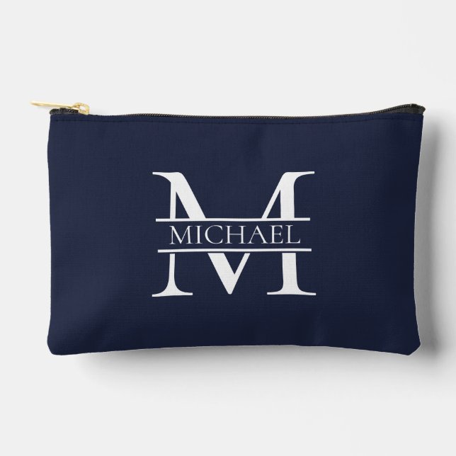 Personalised Elegant Navy Blue Monogram and Name Accessory Pouch (Front)