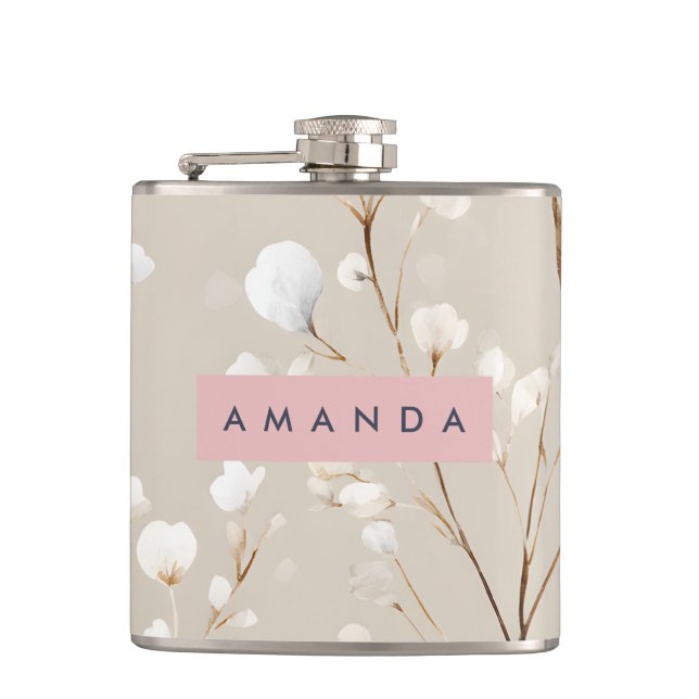 Personalised Elegant Neutral Cotton Blossom Hip Flask (Front)