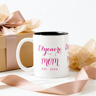 Personalised Elegant New Mum Name Est Pink Script Two-Tone Coffee Mug