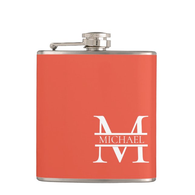 Personalised Elegant Orange Monogram and Name Hip Flask (Front)