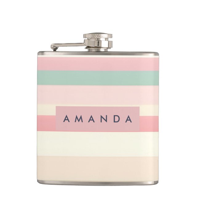Personalised Elegant Pastel Macaron Stripe Hip Flask (Front)