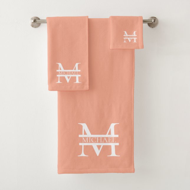 Personalised Elegant Peach Monogram and Name Bath Towel Set (Insitu)