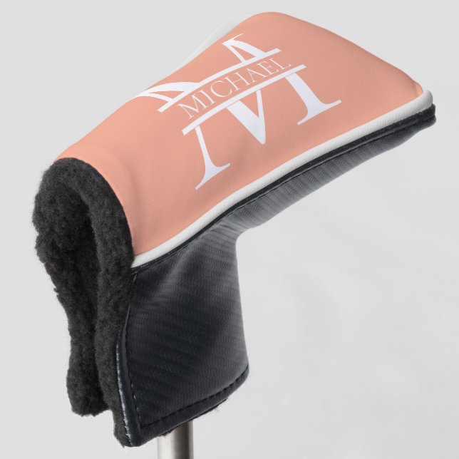 Personalised Elegant Peach Monogram and Name Golf Head Cover (3/4 Front)