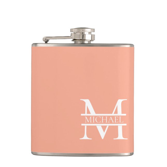 Personalised Elegant Peach Monogram and Name Hip Flask (Front)