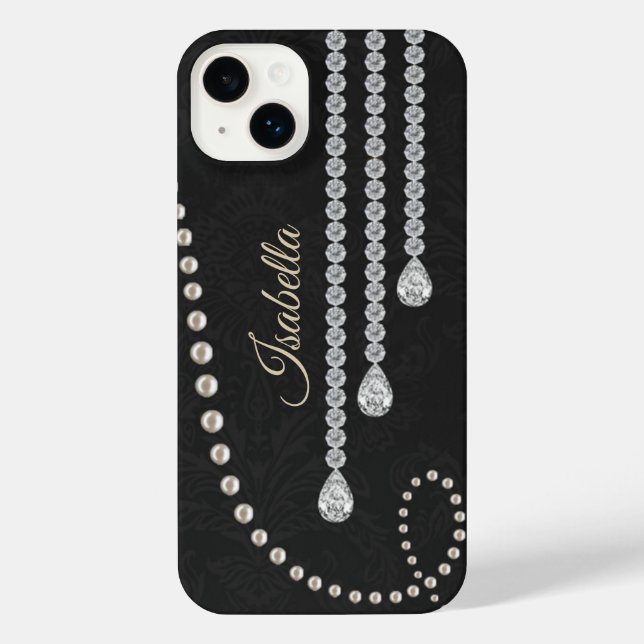 Personalised Elegant Pearl and Diamonds on Black N iPhone Case (Back)