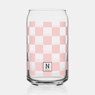 Personalised Elegant Pink Check Pattern Trendy Can Glass