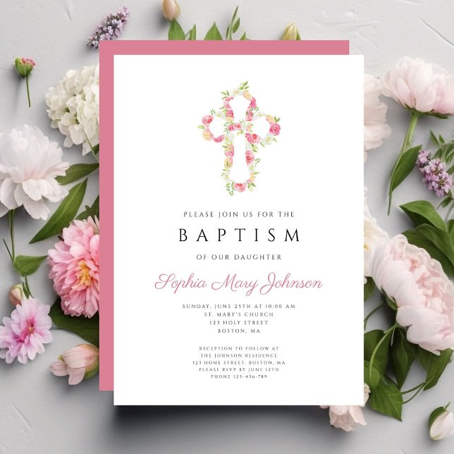 Personalised Elegant Pink Floral Cross Baptism Invitation (Personalized Elegant Pink Floral Cross Baptism Invitation)