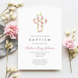Personalised Elegant Pink Floral Cross Baptism Invitation