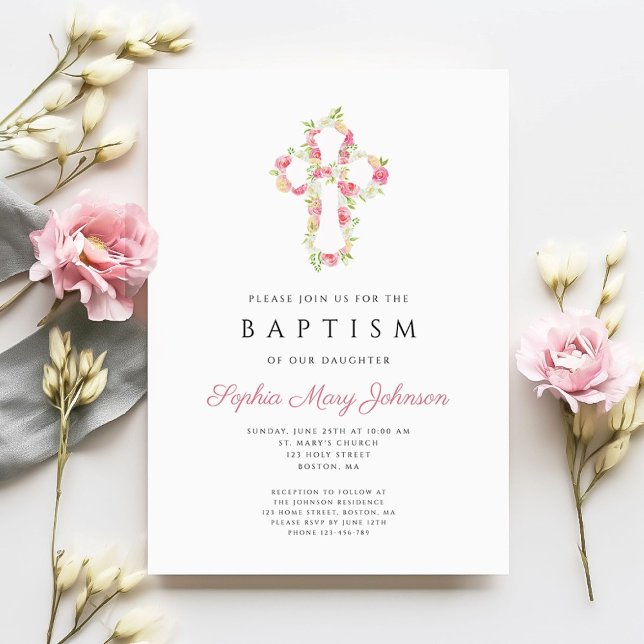 Personalised Elegant Pink Floral Cross Baptism Invitation (Personalized Elegant Pink Floral Cross Baptism Invitation)