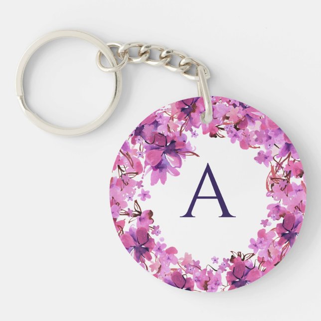 Personalised Elegant Pink Floral Monogram  Key Ring (Front)