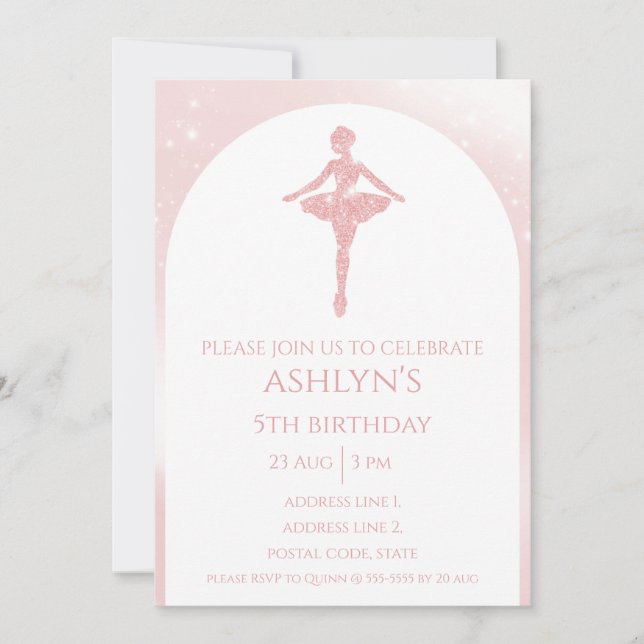 Personalised Elegant Pink Glitter Ballet Birthday Invitation (Front)