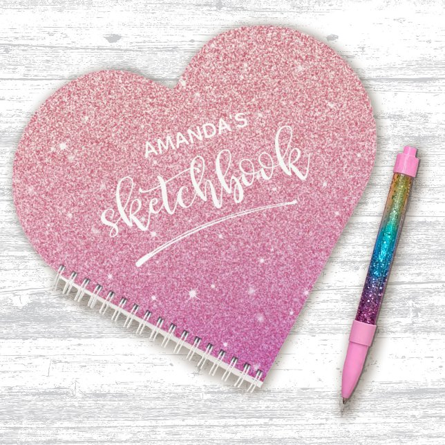 Personalised Elegant Pink Glitter Sketchbook Notebook (A cute pink glitter sketchbook makes a great gift for a girl, especially for Valentine's Day!)