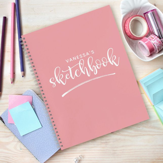 Personalised Elegant Pink White Sketchbook Notebook (A cute pink sketchbook makes a great gift for a girl artist. Personalize it with her name.)