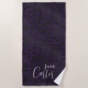 Personalised Elegant Purple Black Leopard Beach Towel
