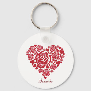 Personalised Elegant Red Rose Heart Valentine's Key Ring