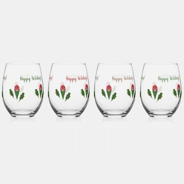 Personalised Elegant Red Roses & Holly Holiday Stemless Wine Glass (Back)
