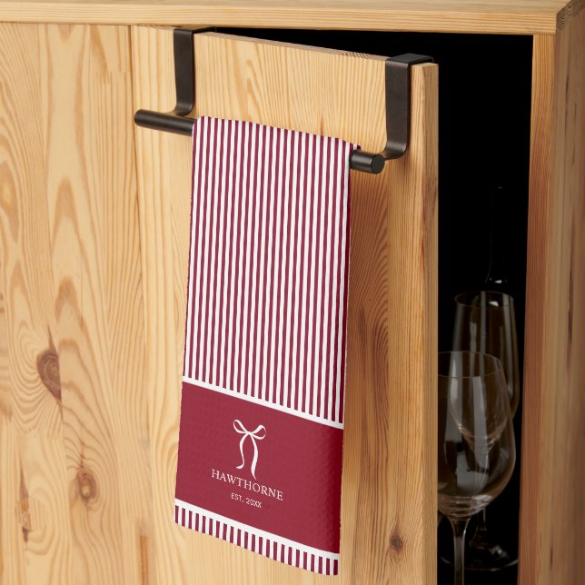 Personalised Elegant Red Stripe Bow Tea Towel (Thirds Fold)