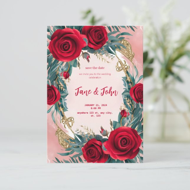[Personalised] Elegant Red Wedding Invitation (Standing Front)