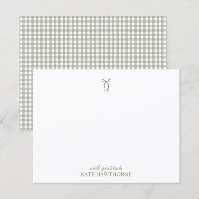 Personalised Elegant Sage Green Gingham Bow Thank You Card (Front/Back)