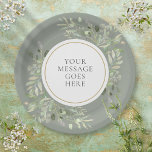 Personalised Elegant Sage Green Gold Greenery Paper Plate<br><div class="desc">Featuring delicate soft watercolor leaves on a sage green background,  this chic botanical paper plate can be personalised with your special message set in elegant text. Perfect for weddings,  bridal showers,  baby showers,  baptism,  engagement parties,  anniversary celebrations,  and birthday get-togethers. Designed by Thisisnotme©</div>