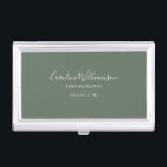 Personalised Elegant Sage Green Minimalist Script Business Card Holder<br><div class="desc">Keep your cards organised in style with this elegant business card case featuring a soft sage green background and minimalist script typography. Designed for photographers, creatives, or small business owners, this sleek case adds a polished touch to client meetings and networking events. Personalise it with your name, profession, and location...</div>