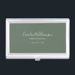 Personalised Elegant Sage Green Minimalist Script Business Card Holder<br><div class="desc">Keep your cards organised in style with this elegant business card case featuring a soft sage green background and minimalist script typography. Designed for photographers, creatives, or small business owners, this sleek case adds a polished touch to client meetings and networking events. Personalise it with your name, profession, and location...</div>