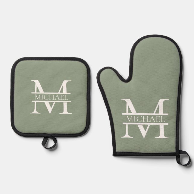 Personalised Elegant Sage Green Monogram & Name Oven Mitt & Pot Holder Set (Front)