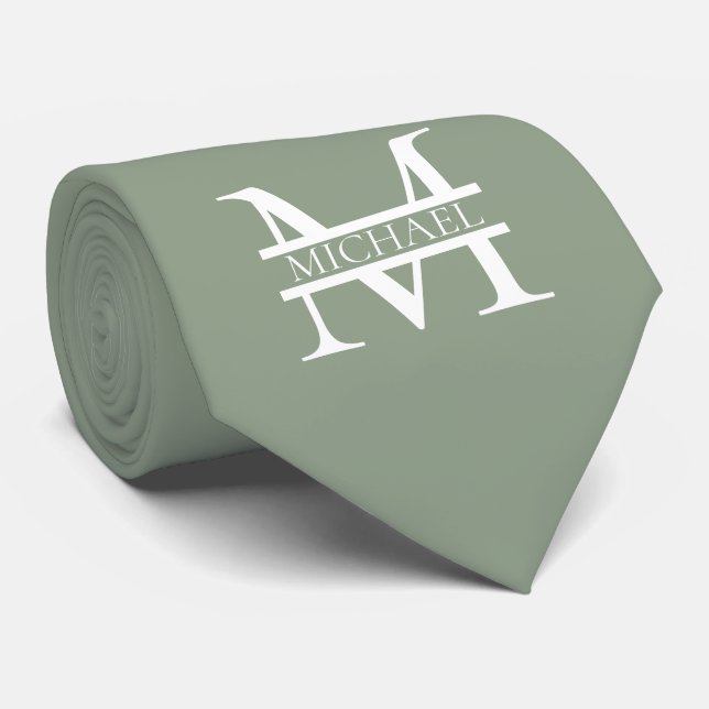 Personalised Elegant Sage Green Monogram & Name Tie (Rolled)