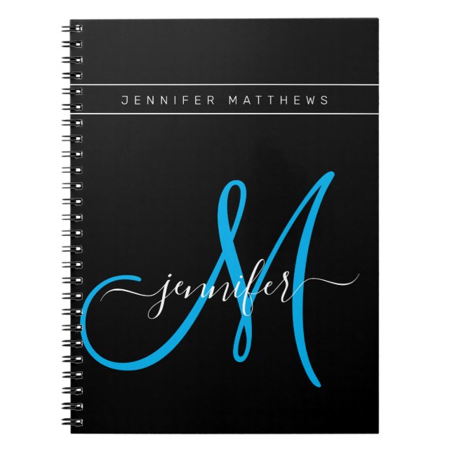 Personalised Elegant Script Blue Black Monogram Notebook (Front)