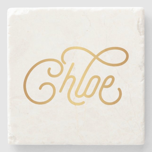 Personalised Elegant Script Chloe Gold on Black Stone Coaster (Front)
