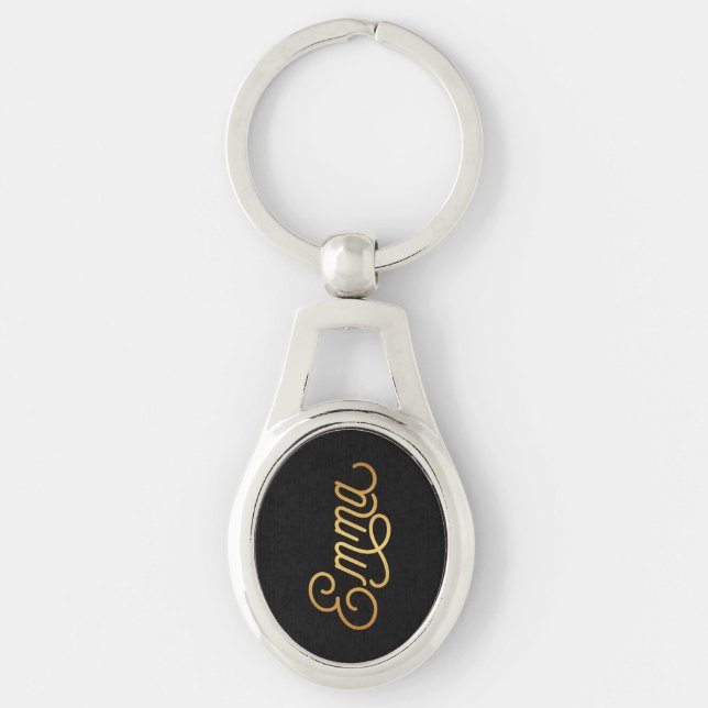Personalised Elegant Script Emma Gold Black Key Ring (Front)