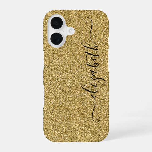 Personalised Elegant Script Gold Glitter iPhone 16 Case (Back)
