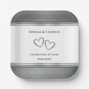 Personalised Elegant Silver 25th Anniversary Party Paper Plate