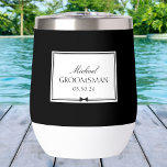 Personalised Elegant Simple Bowtie Groomsman<br><div class="desc">Celebrate your groomsman in style with this chic and timeless wine tumbler. Featuring a sleek black and white design, this tumbler can be personalised with a name, role, and wedding date for a truly unique gift. Its refined aesthetic effortlessly complements a wide range of wedding styles, from classic to modern....</div>
